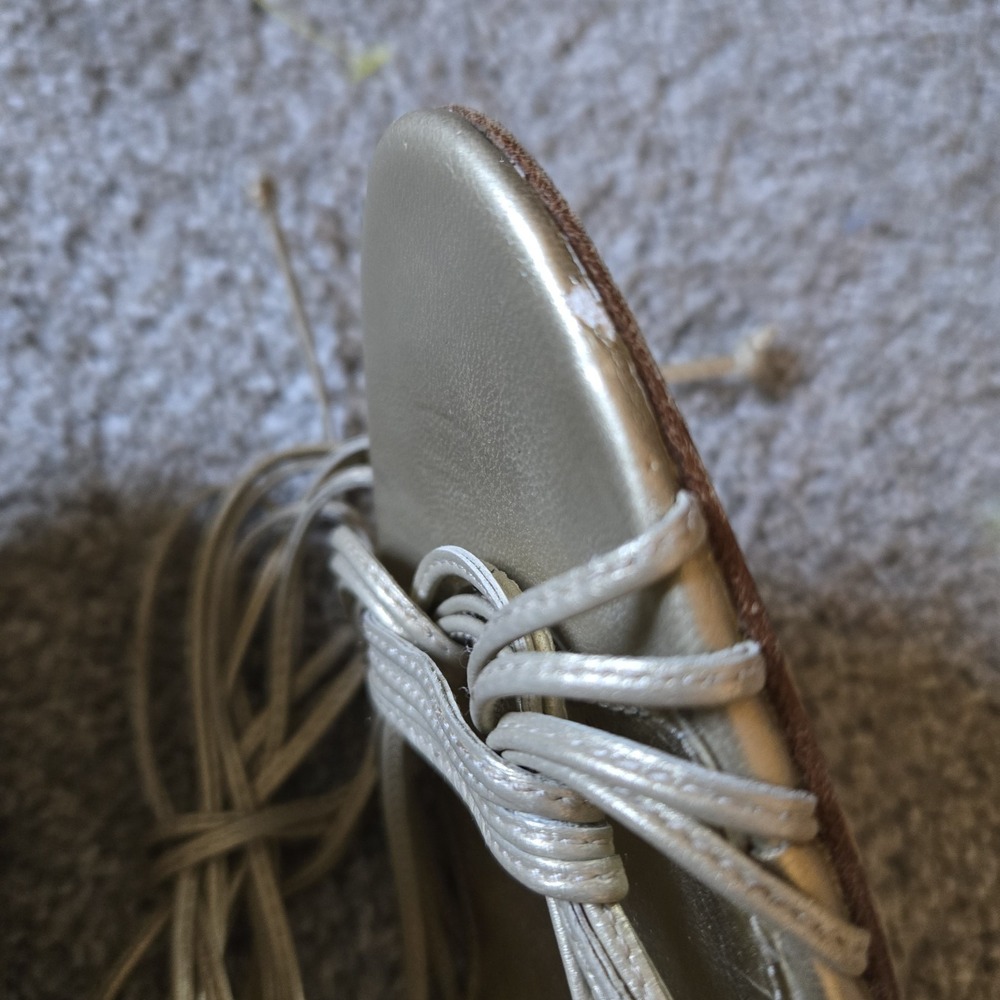 Charles By Charles David Leather Gold Heels Sz 10 Wraparound Strap Lace Up - Picture 10 of 12